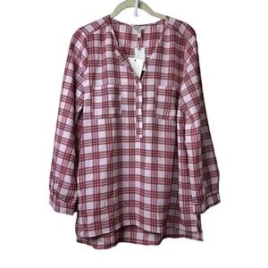 NWT Joie Red Pink Plaid Checkered Long Sleeve Pullover Tunic Blouse Cottagecore